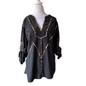 BCBG M black 100% silk V neck with contrast trim and tab sleeve tunic blouse